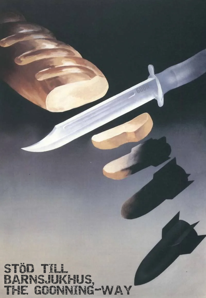 Illustration över hur goones fäller bomber på barnsjukhus.